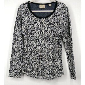 Maison Scotch Leopard Print Half Button Long Sleeve Blouse Blue White L